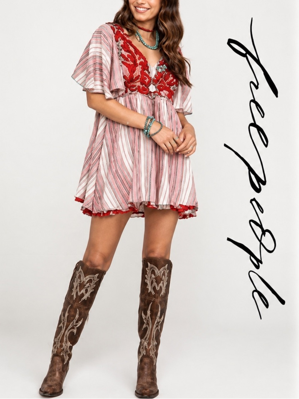 Free People Under The Sun Bohemian Tunic Dress Red Stripe Floral size XS